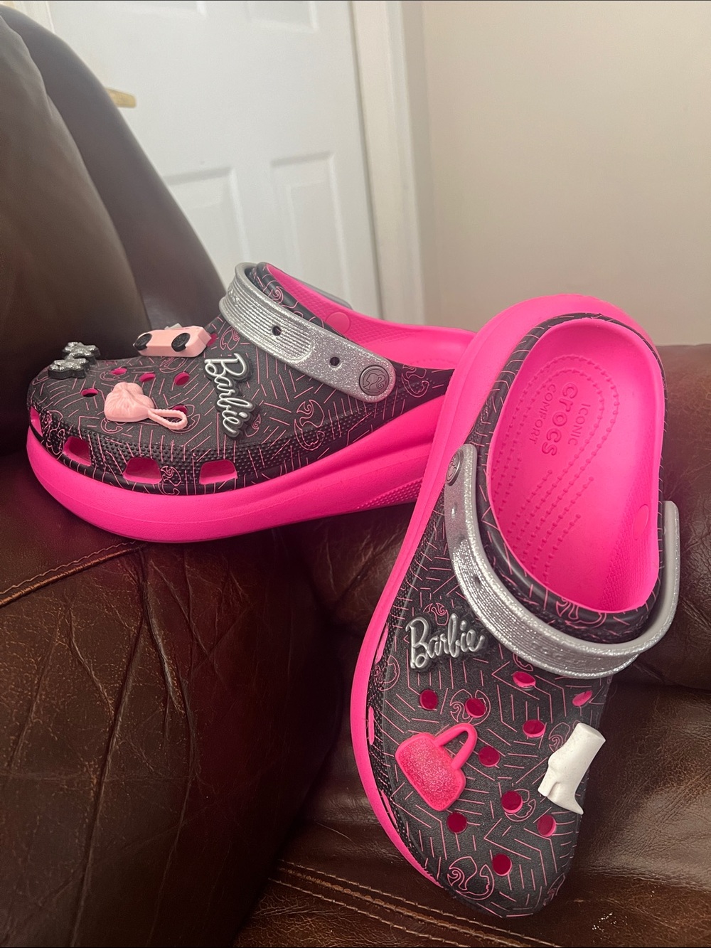 Barbie Black & Hot Pink Womens Crocs with Silver Strap and Charms